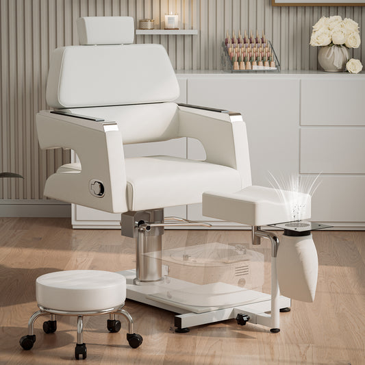 Advanced Hydraulic Pedicure Chair: Plumbing‑Free, Adjustable Station with Oversized Footrest & Dust Collector – Includes Technician Stool, White