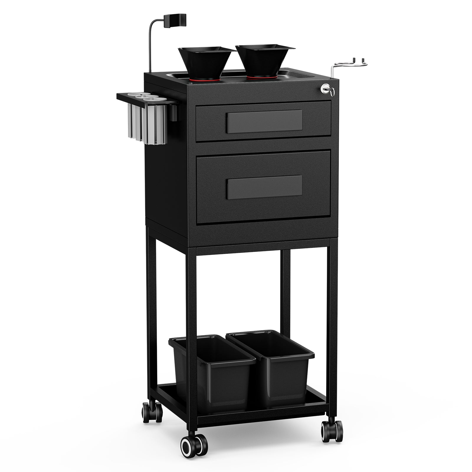 Carrito de peluquería de metal para estilistas, 2 cajones con cerradura, 2 cestas de almacenamiento, 2 recipientes magnéticos para tinte, secador, herramientas y soporte para teléfono.