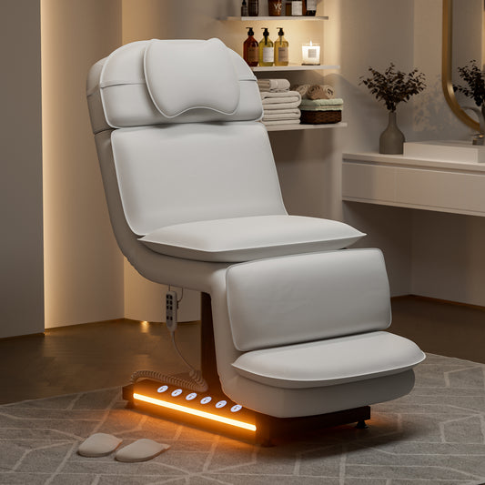 Fully Electric Massage Table w/3 Motors, Professional Angle and Height Adjustable Spa Bed Facial Chair, Motorized Esthetician Bed Treatment Table for Beauty Salon, Stool Included, White