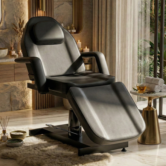 360° Swivel Hydraulic Tattoo Chair, Height Adjustable Esthetician Bed with Recliner, 3-Section Folding Facial Spa Bed for Clients, Professional for Lash, Wax, Salon, Medical, Black