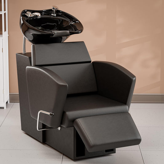 OKAKOPA Professional Shampoo Bowl and Chair Set with Legrest, Backwash Hair Washing Station Featuring Tilting Ceramic Sink, Complete Unit for Salon and Barbershop Use